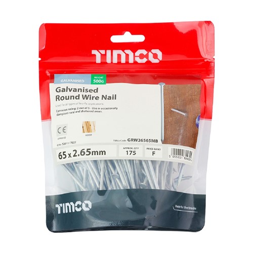 Round Wire Galvanised Nails 65 x 2.65mm - 500g TIMbag