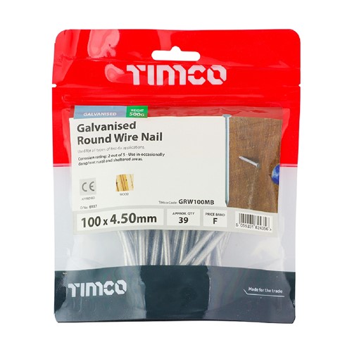 Round Wire Galvanised Nails 100 x 4.50mm - 500g TIMbag